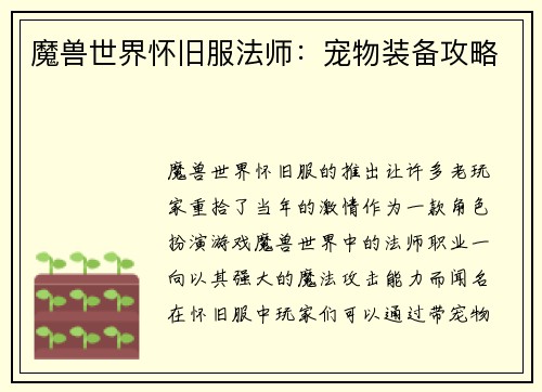 魔兽世界怀旧服法师：宠物装备攻略